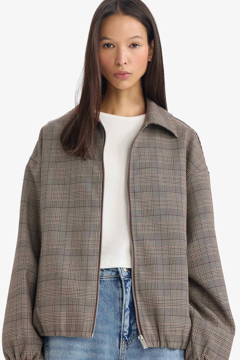 DeFacto Brown Woman Zippered Plaid Taffeta Jacket Casual - Image 2